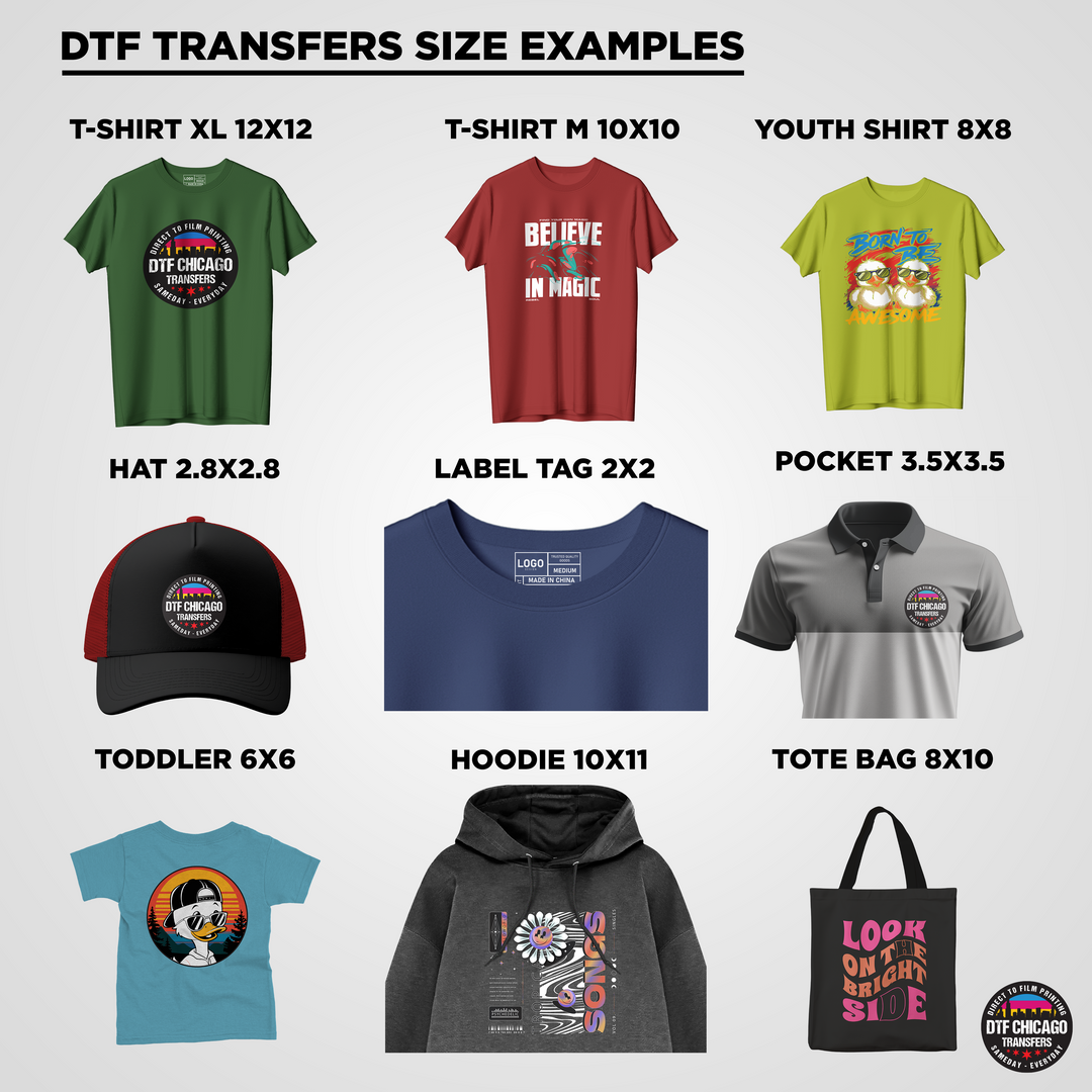 Digital Transfer Examples DTF Transfers By Size – DTF CHICAGO